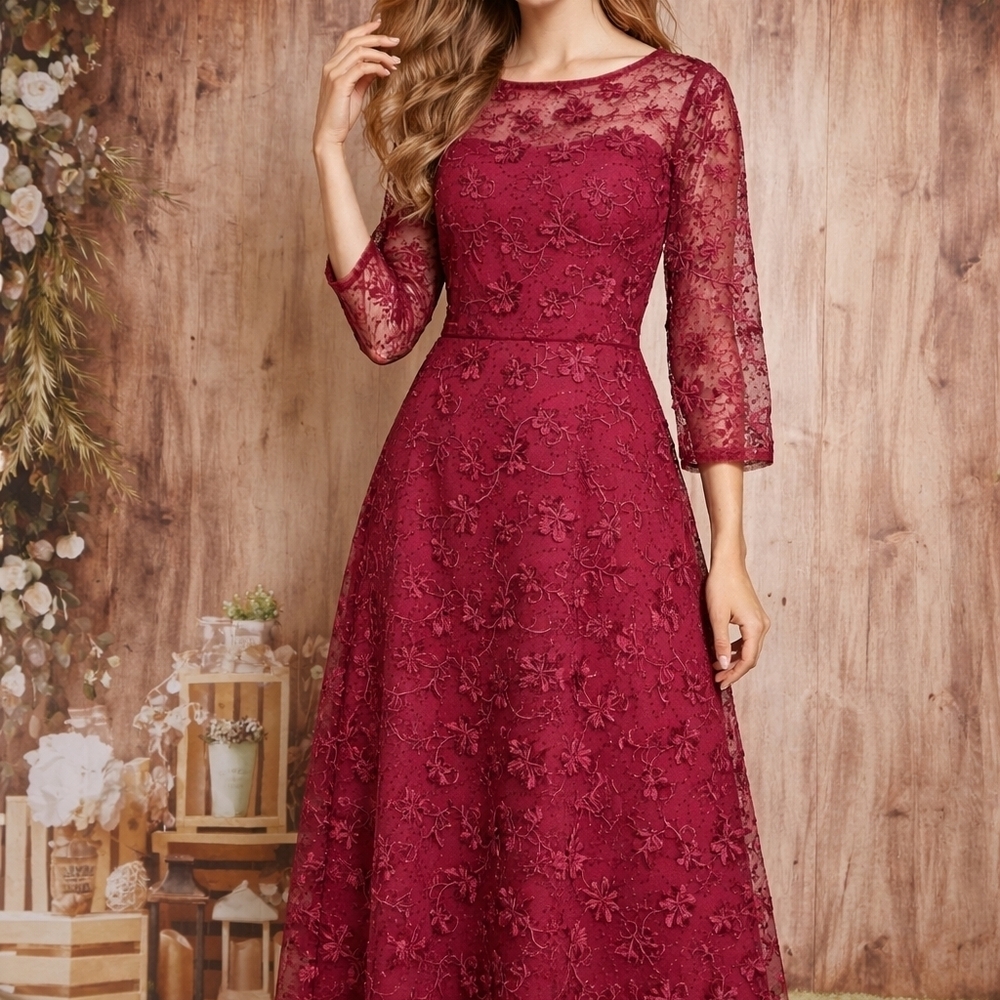 Adrianna Papell Burgundy Lace Long Sleeve Dress